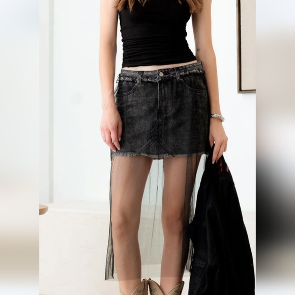 Black denim distressed mini skirt with tulle mesh overlay - Picture 8 of 11
